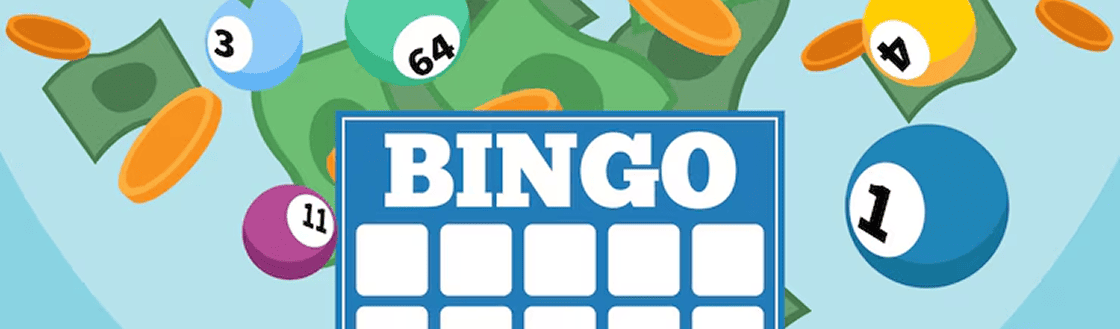 Colorful bingo banner with balls and cards